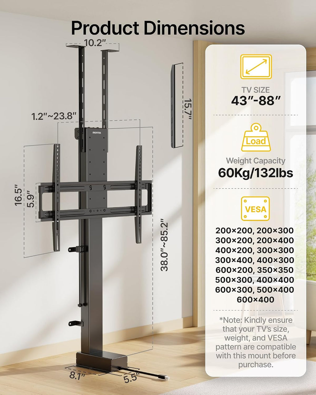 monTEK Motorized TV Lift for 43-88 inch TVs, Ceiling&Vertical TV Lift Mechanism with RF Remote, Smart Phone & Voice Control via WiFi, Up to 132lbs, 4X Load Tested, Max VESA 600 * 400