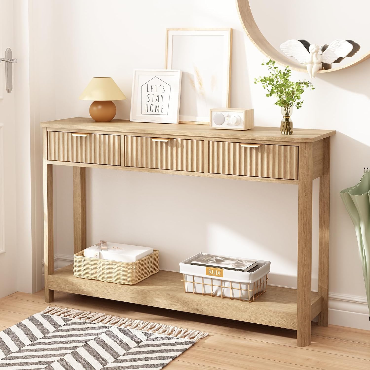 HOKYHOKY Fluted Console Table with Drawers, Modern 47.1' Entryway Table with Storage Shelf, Boho Narrow Skinny Behind Couch Wood Sofa Table for Living Room Hallway Entrance Foyer, Natural