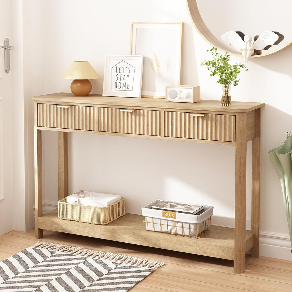 HOKYHOKY Set of 2 Console Table with Drawers, Modern 47.1' Entryway Table with Storage Shelf, Boho Narrow Skinny Behind Couch Wood Sofa Table for Living Room Hallway Entrance Foyer,Natural