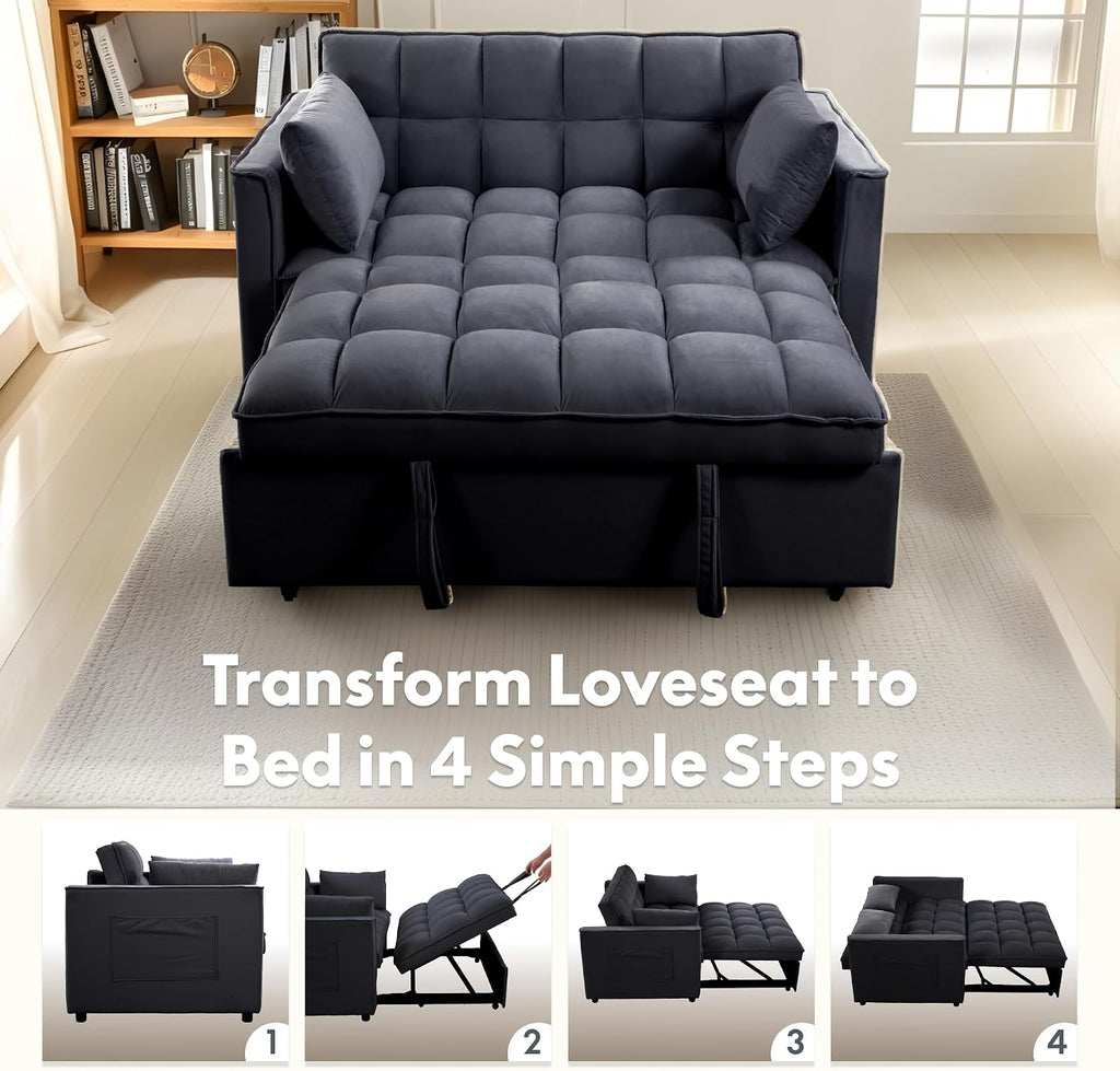 FLEXISPOT XCT4 Pull Out Couch, 3-in-1 Loveseat Sleeper Sofa Bed with Adjustable Backrest, Pillows, Side Pockets, Convertible Futon Sofa for Small Spaces, Apartment, Dorm, Guest Room, Black
