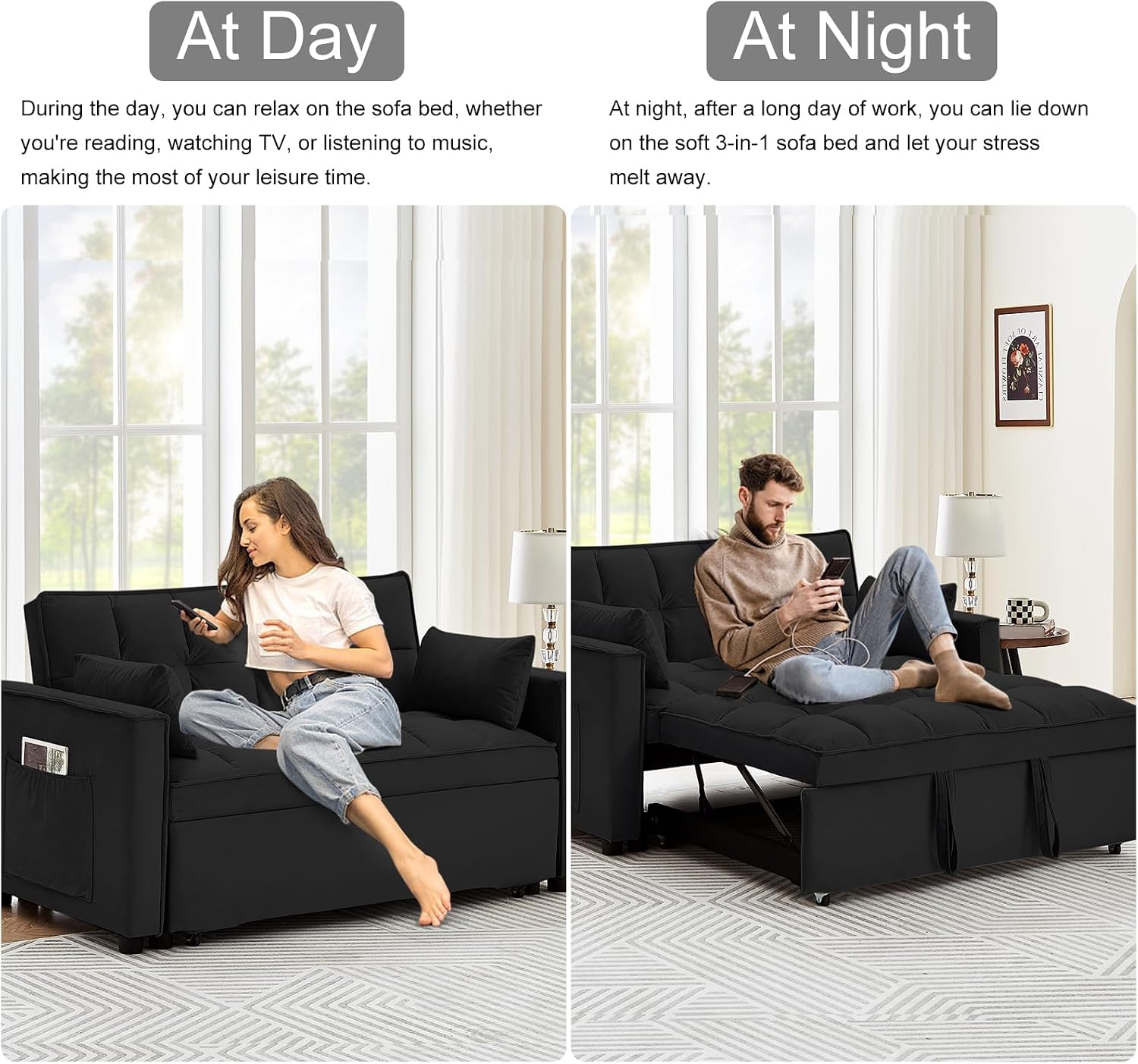 3 in 1 Convertible Sleeper Sofa Bed, 55' Pull Out Couches, Modern Loveseat Sleeper Sofa with Adjustable Reclining Backrest & Side Pockets for Living Room, Velvet Fabric, Classic Black
