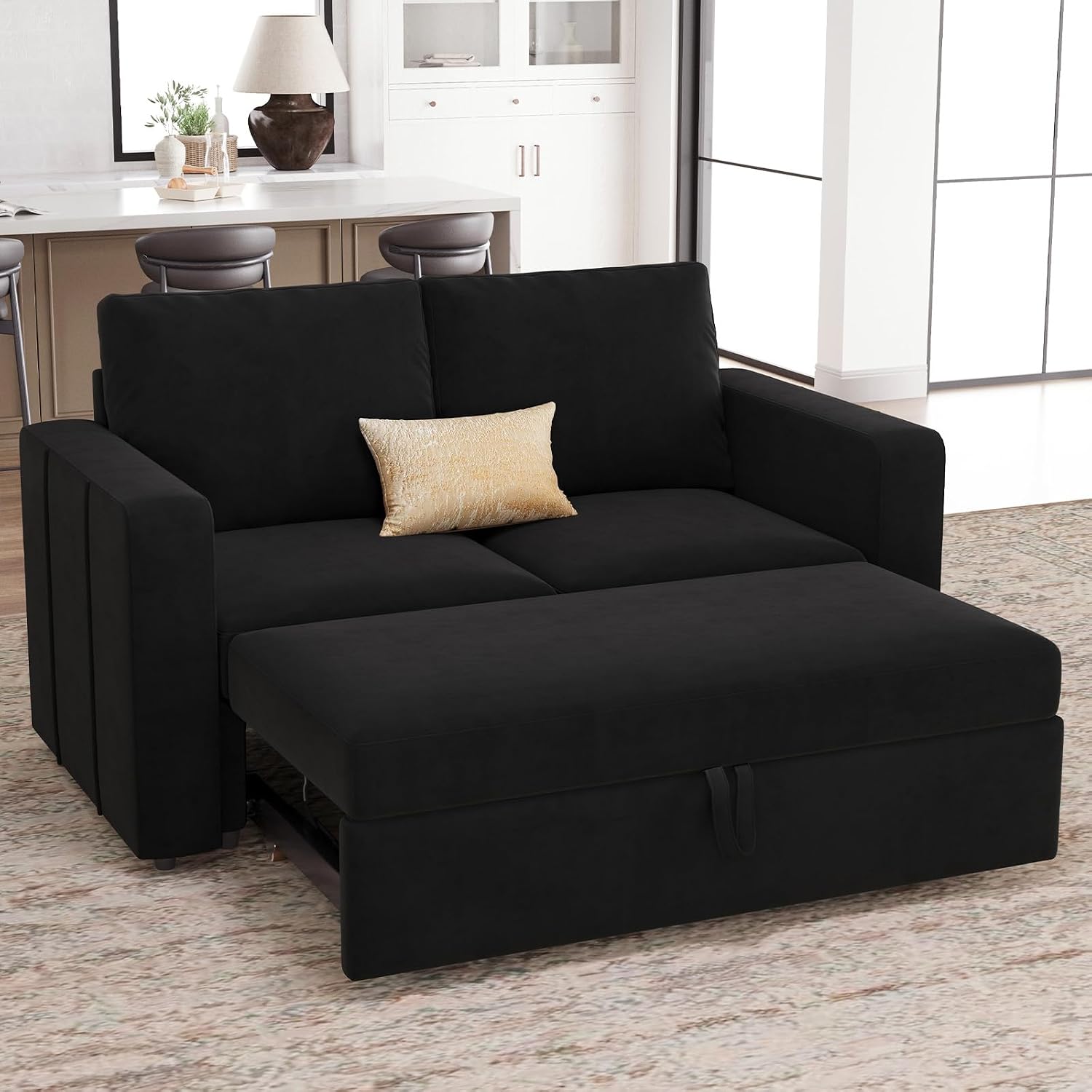 Belffin Modular Sectional Sleeper Sofa with Pull Out Couch Bed Velvet Fabric Loveseat Sleeper Sectional Couch for Living Room Apartment Black