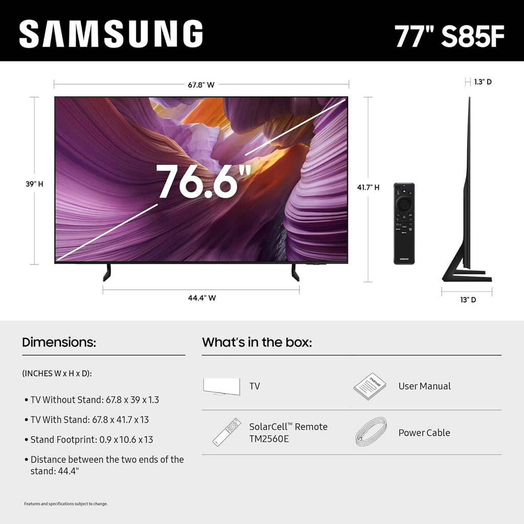 Samsung 77-Inch Class OLED 4K S85F Series, Vision AI Smart TV (2025 Model, 77S85F) Object Tracking Sound Lite w/Dolby Atmos, NQ4 AI Gen2 Processor, Contour Design, Color Booster Pro, Alexa Built-in