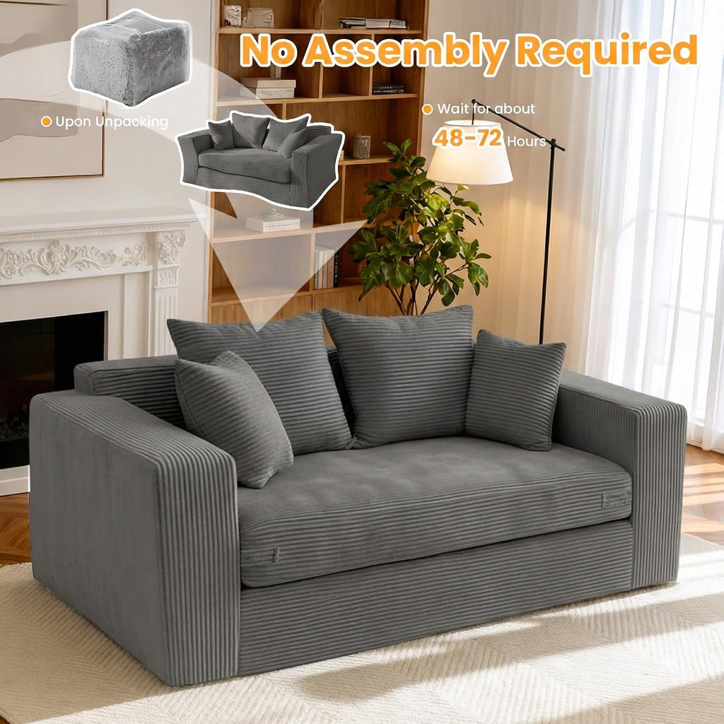 Winzon Boneless Loveseat, 3 in 1 Convertible Sofa Bed Sleeper Sofa Floor Futon Bed with 4 Pillows, 55' Grey Boneless Couch for Living Room, Guest Room, Small Space, No Assembly Required, Corduroy