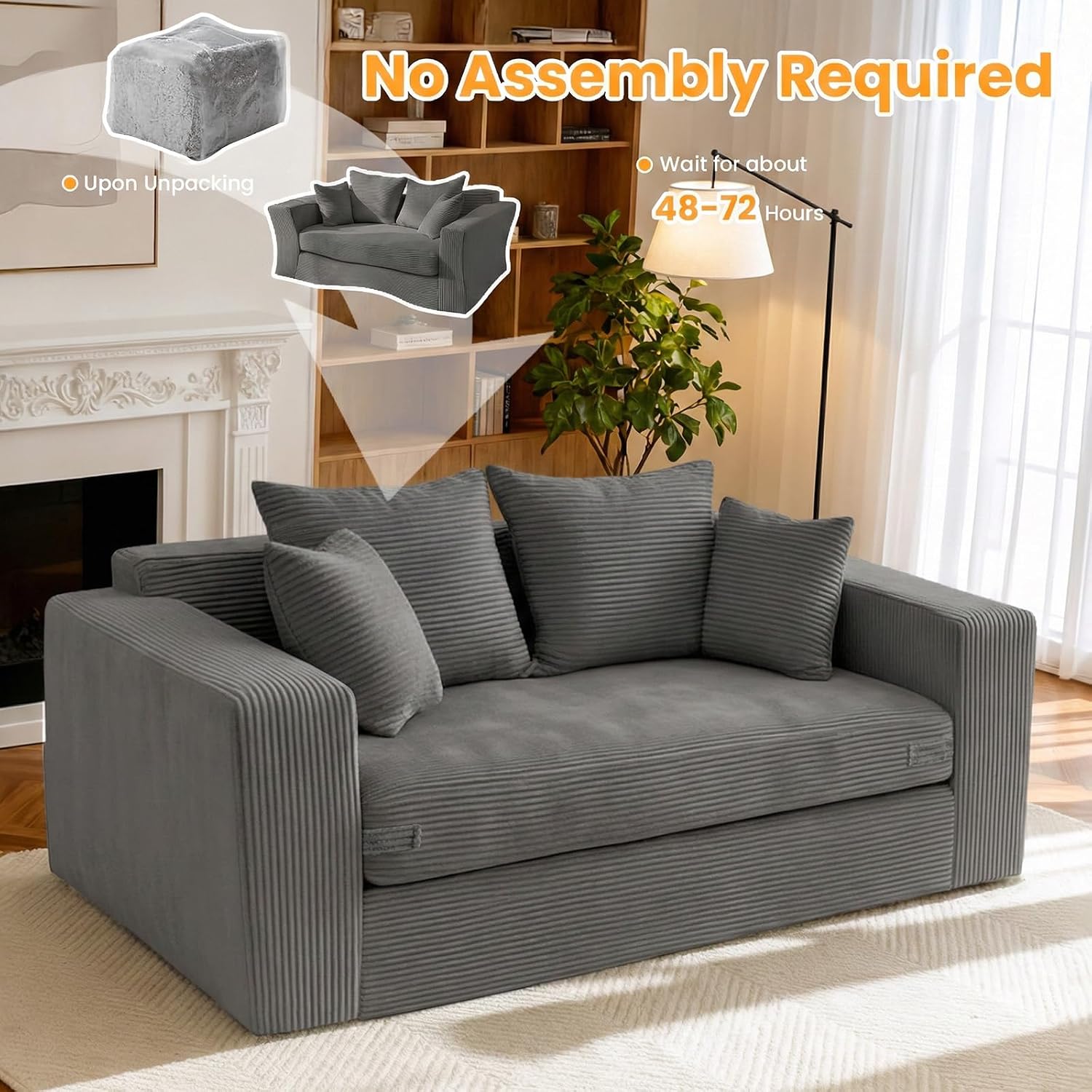 Winzon Boneless Loveseat, 3 in 1 Convertible Sofa Bed Sleeper Sofa Floor Futon Bed with 4 Pillows, 55' Grey Boneless Couch for Living Room, Guest Room, Small Space, No Assembly Required, Corduroy