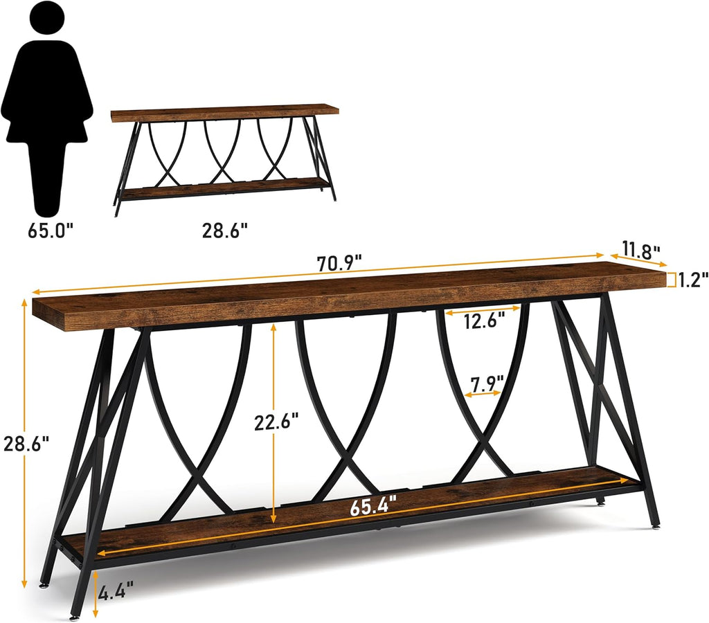 JUSTOGO 70.9' Narrow Console Table for Entryway, Industrial Long Sofa Table Behind Couch, Farmhouse Hallway Table with Storage for Living Room, Entrance, Foyer, Rustic Brown