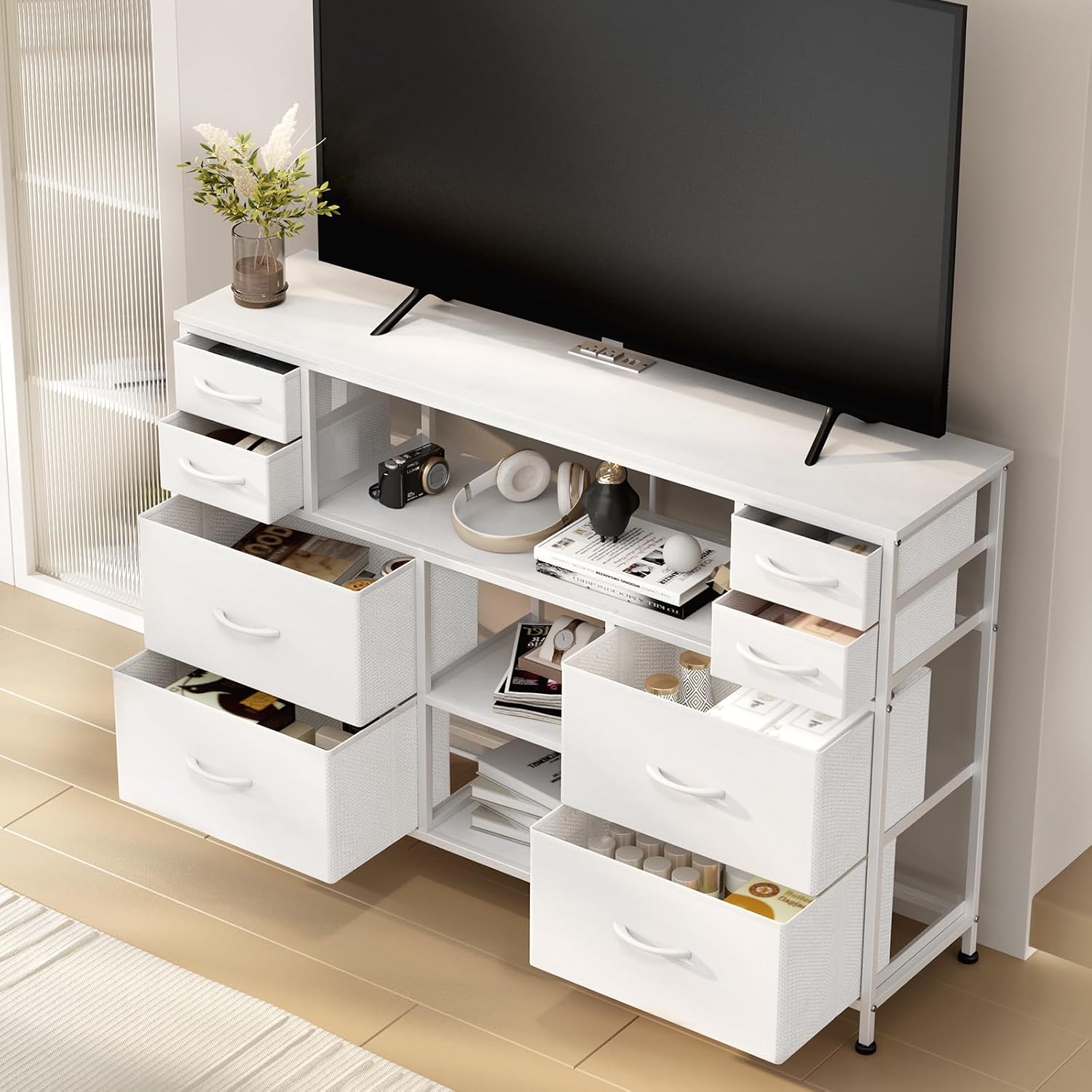 TV Stand Dresser Drawer for Bedroom - TV Stands for 45, 50, 55 inch TV - Entertainment Center Dressers with Charging Station, Drawers Dresser with Storage for Living Room, Nursery, Entryway - White