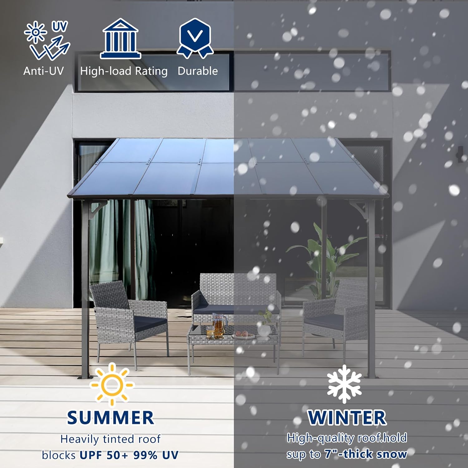 10' x 10' Outdoor Pergola Gazebo, Wall-Mounted Lean to Metal Awning Gazebo with Roof, Large Heavy Duty Garage Top Tent for Patio, Decks, Backyard