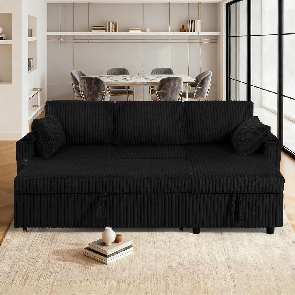 84' Corduroy Upholstered Sofa Bed w/Adjustable Backrests, Convertible Pull Out Sofa Bed w/USB Ports, L-Shape Sectional Sleeper Couch w/Cup Holder for Living Room,Apartment, Black