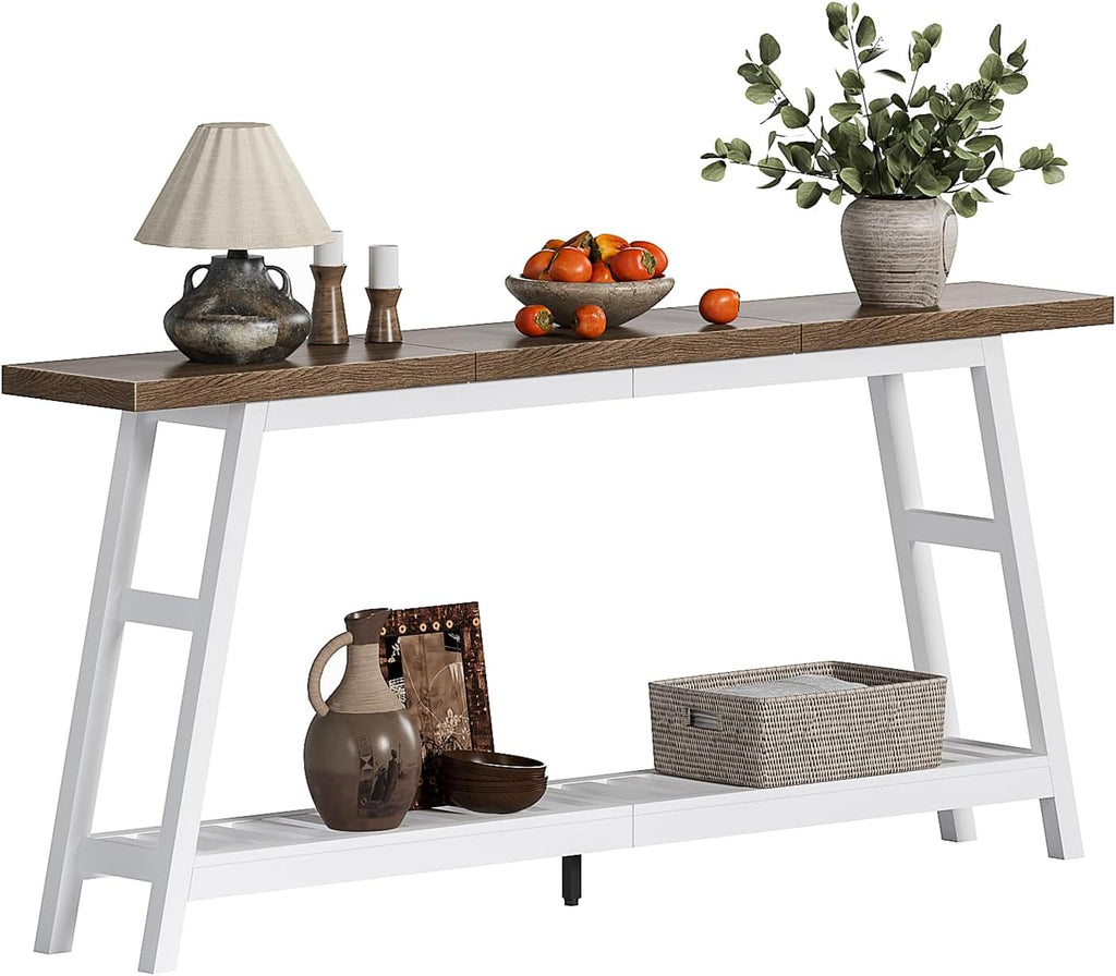 ChooChoo 70.9 Inch Long Console Tables for Entryway, Wood 2-Tier Entry Hallway Table, Narrow Sofa Table Behind Couch Table for Living Room, Entrance, White & Brown
