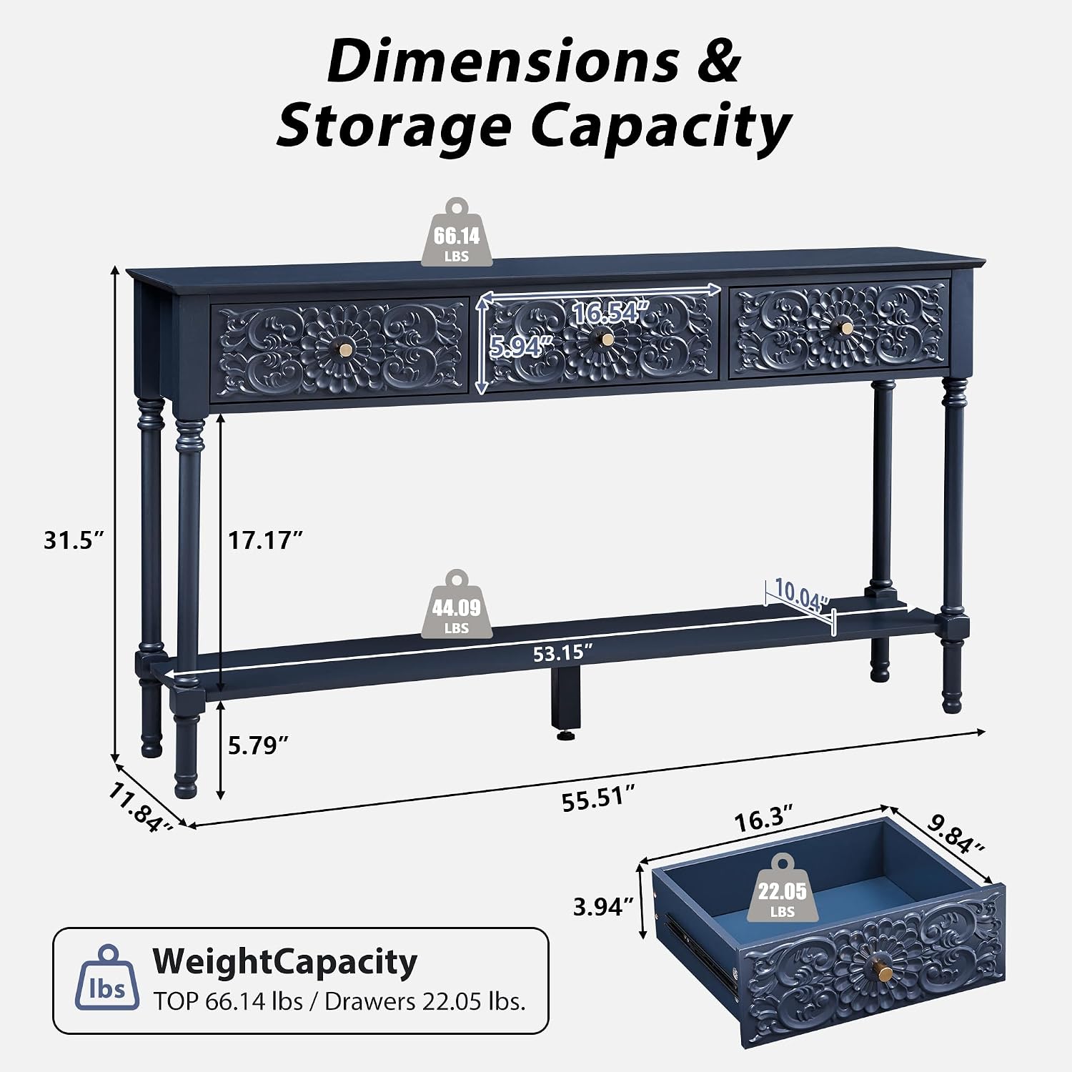weselon 55.5' Carved Console Table with 3 Drawers, 2-Tier Sofa Table with Glossy Floral Surface and Solid Wood Legs, Mid-Century Modern Entryway Table for Living Room Hallway (Midnight Blue)