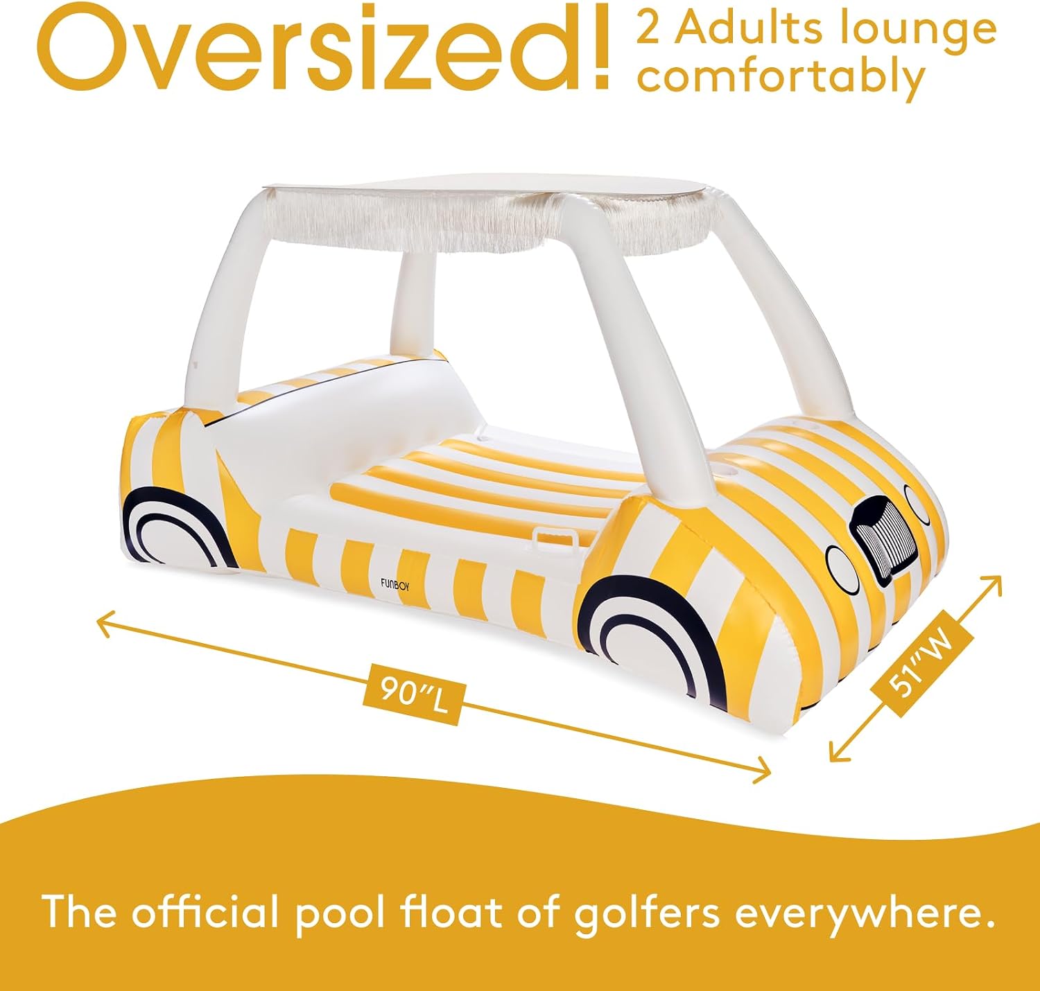 FUNBOY Yellow & White Cabana Striped Golf Cart Pool Float 90' Long, Two Cup Holders, Removable Fringe Shade, Float for Summer Pool Party and Entertainment