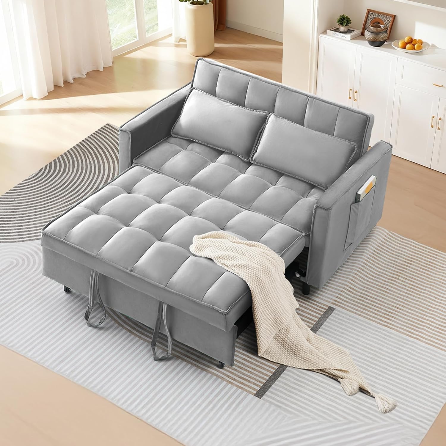 CAPCAEK 3 in 1 Convertible Sleeper Sofa Bed, Modern Velvet Loveseat Pull-Out Couch w/Pullout Bed, Small Love Seat Lounge Sofa w/Reclining Backrest,Toss Pillows, Pockets, for Living Room (Grey, 55.1)