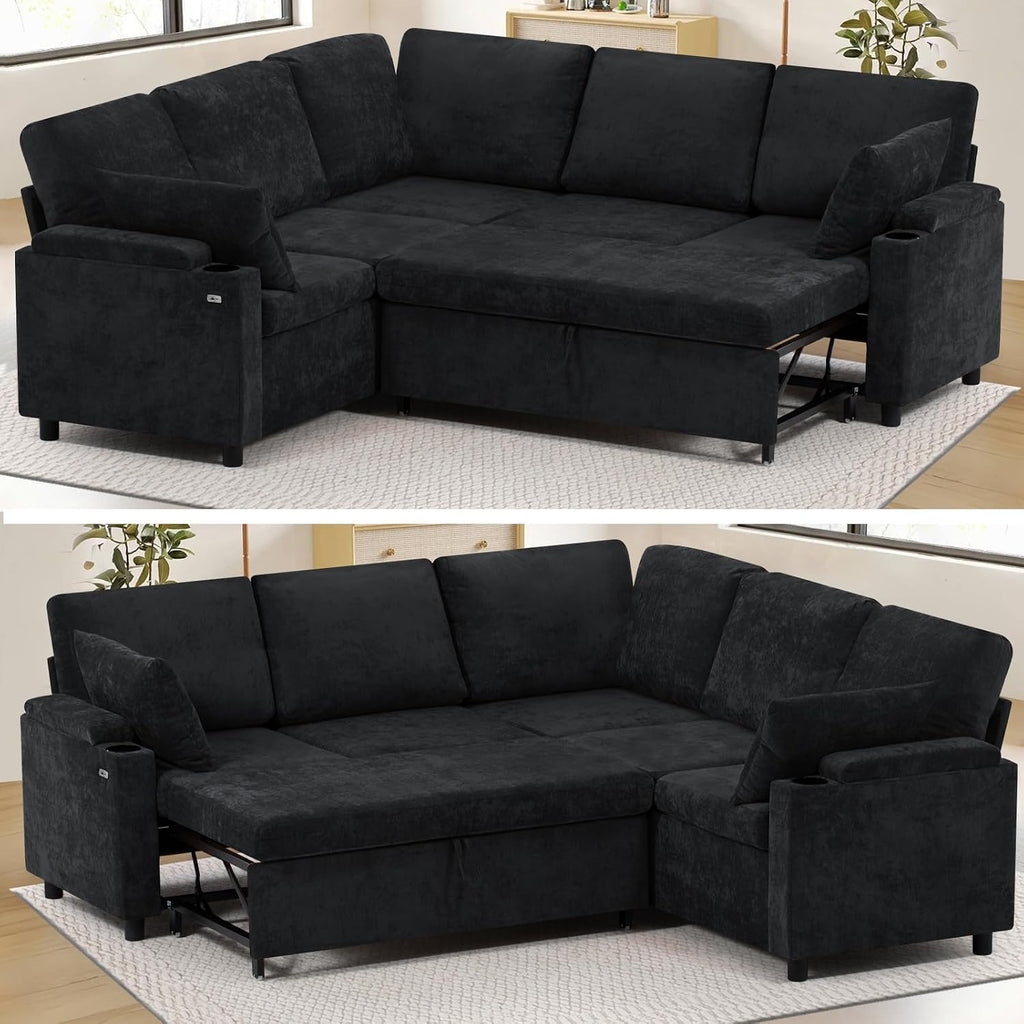 85' Chenille Reversible Sectional Sofa w/Pull Out Bed, Upholstery L Shaped Couch w/Storage Armrests & Cup Holders, Modern Corner Sofa w/USB Charging Port & Throw Pillow for Living Room, Black