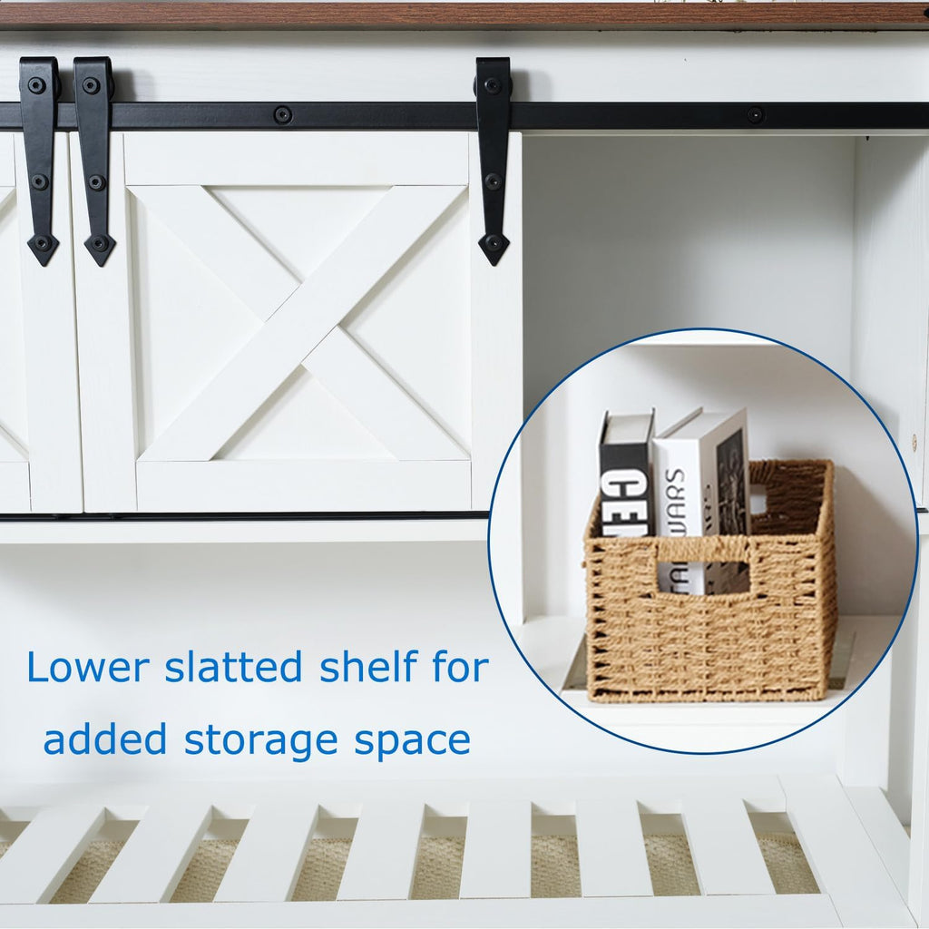 White Farmhouse Entryway Table, Rustic Hallway Table with Storage Shelf, Sofa Table with Sliding Barn Doors for Hallway, Entryway, Living Room, Foyer