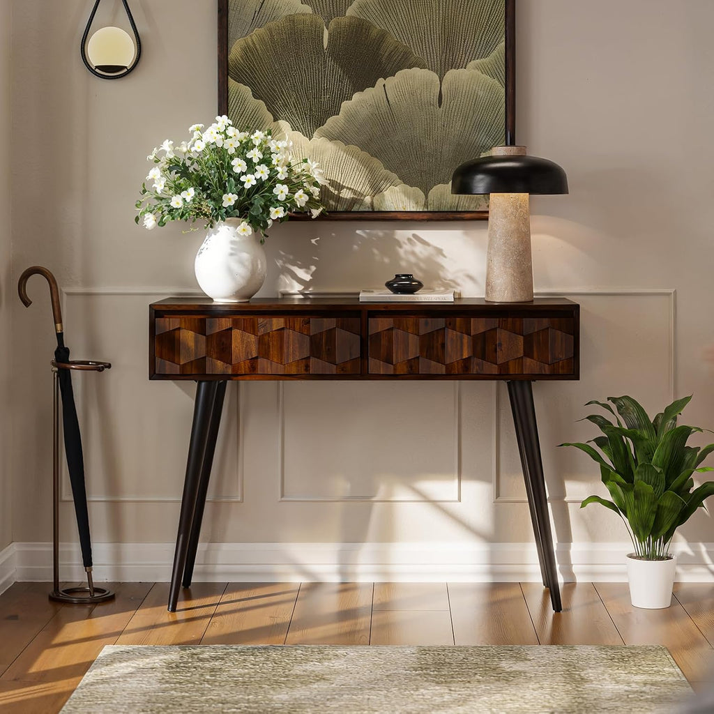 Bme Console Modern Mid-Century 2 Drawers, Unique Geometric Design Sofa Table for Entryway, Hallway, Living Room, Walnut