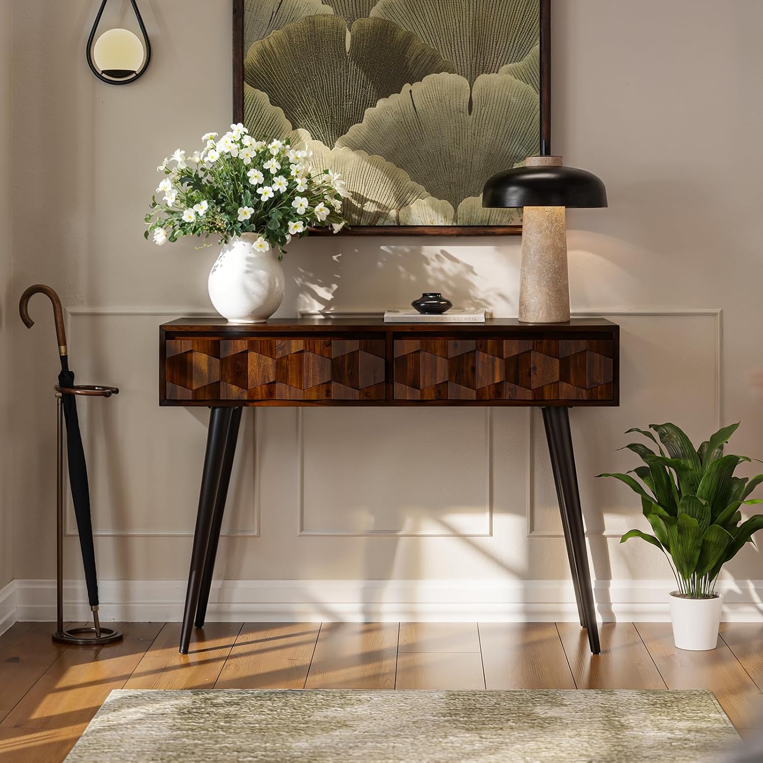 Bme Console Modern Mid-Century 2 Drawers, Unique Geometric Design Sofa Table for Entryway, Hallway, Living Room, Walnut