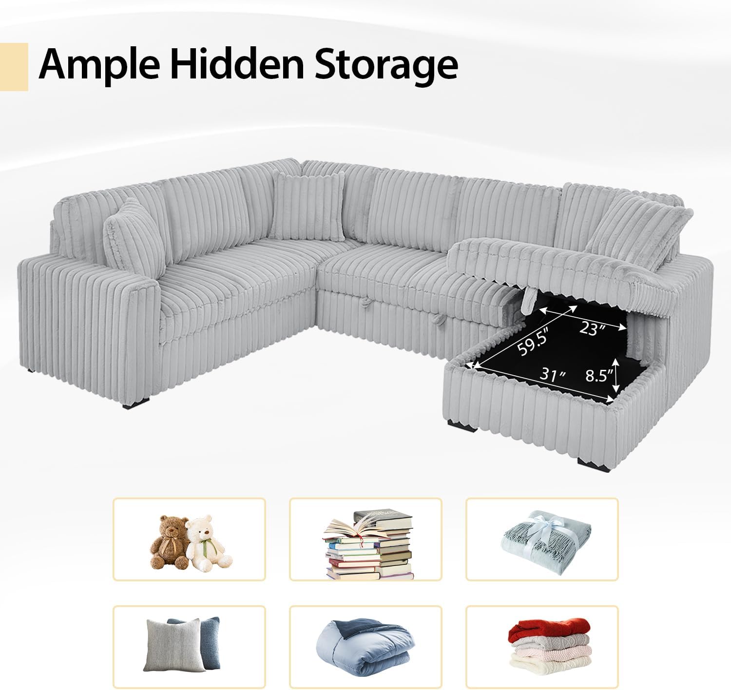 Oversized Sectional Sleeper Sofa with Pull Out Bed,3 Pillows,Type-C USB Port,Storage Chaise Lounge,U-Shaped 7 Seat Fuzzy Rabbit Plush Large Sectional Sofa Bed for Living Room,122 Inch,Grey