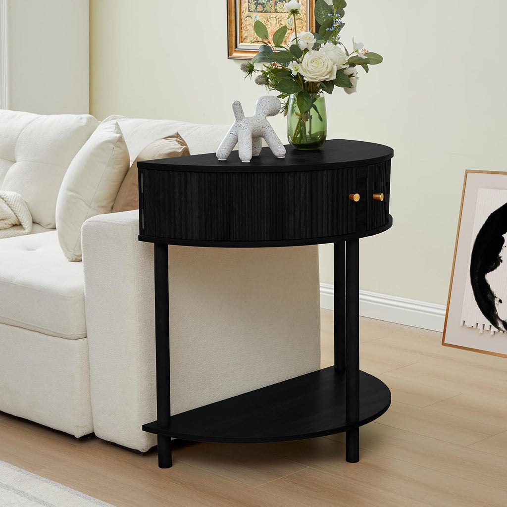 XUZENEST Fluted Half Moon Console Table, Modern Small Entry Table Sofa Table with Storage, Solid Wood Legs Narrow Entryway Table for Living Room, Hallway, Foyer(Black)