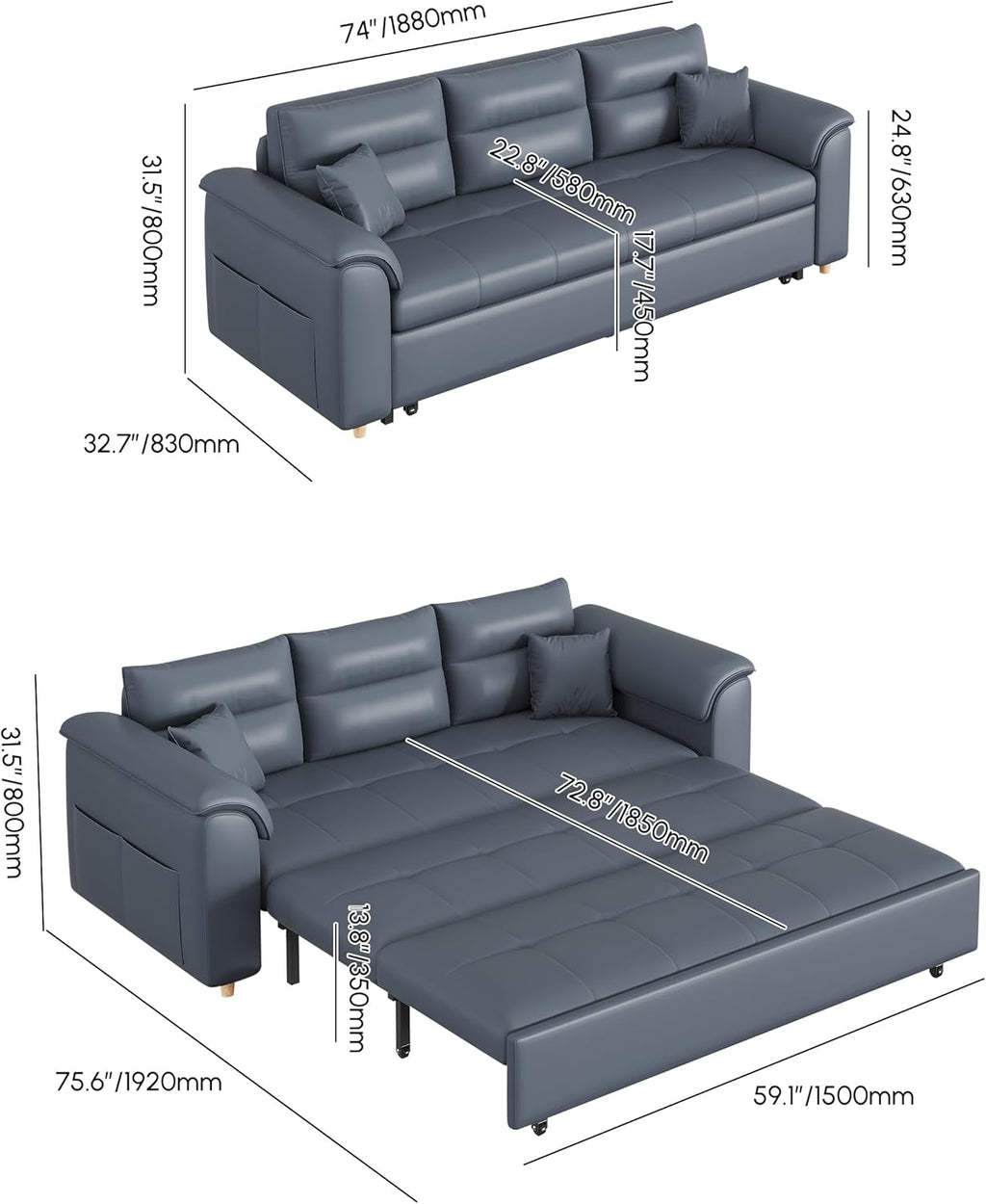 homary 74' Queen Sleeper Sofa Bed – 2-Seater Convertible Couch with Pull-Out Bed with Storage Drawers & Side Pockets, for Apartment Living Room (Deep Gray)