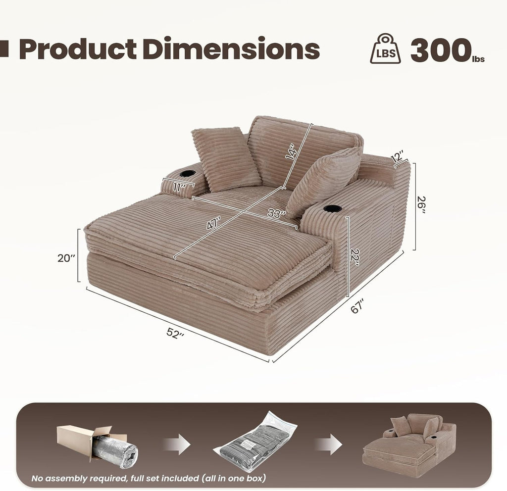 MALOL 67' Chaise Lounge Chair Indoor, Cozy Oversized Fluffy Sofa with Cup Holders & Throw Pillows, Boneless Sleeper Cloud Couch for Living Room, Movie Room and Apartments, Camel
