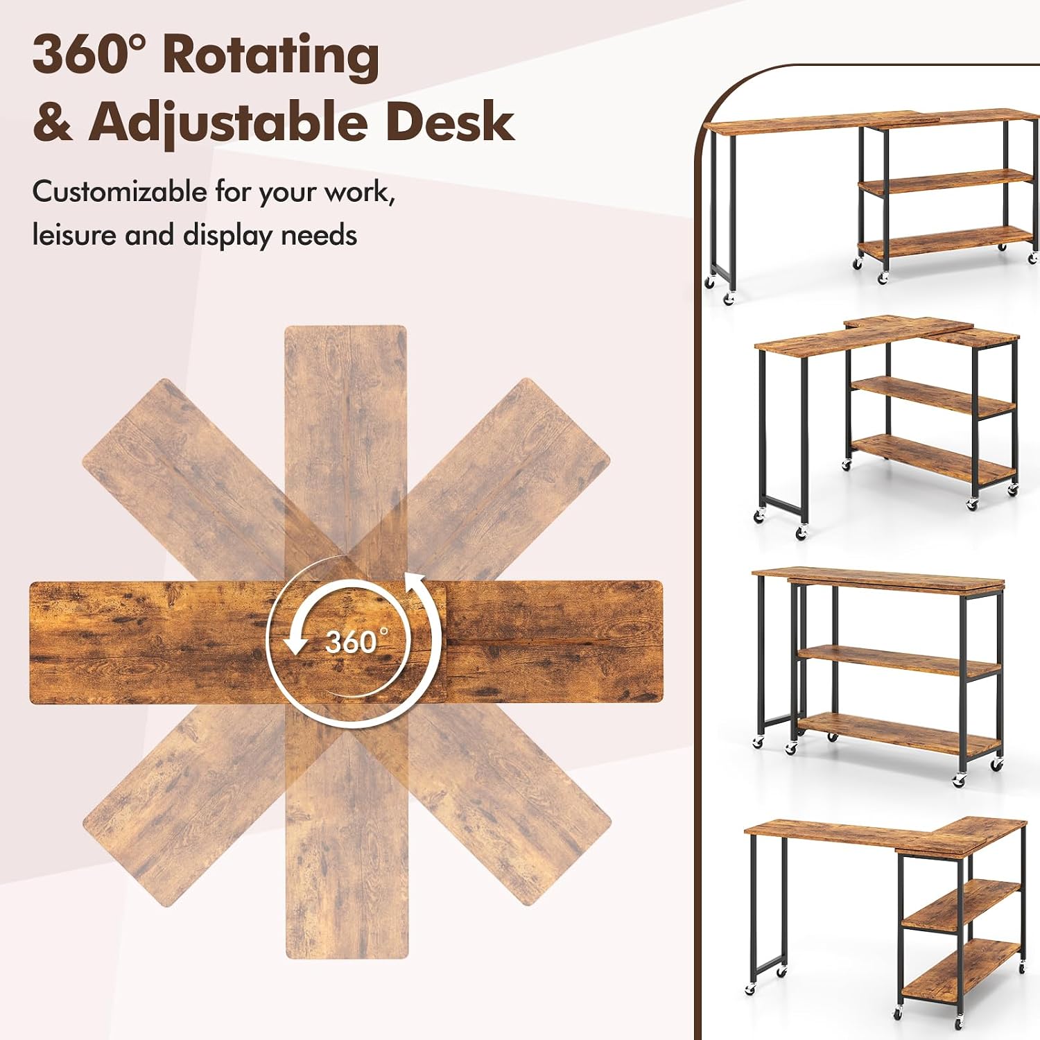 Giantex 360° Free Rotating Sofa Side Table, Patented Mobile End Table with 2-Tier Storage Shelves, 6 Universal Casters, Movable Laptop Tables for Snack, Couch, Light Brown