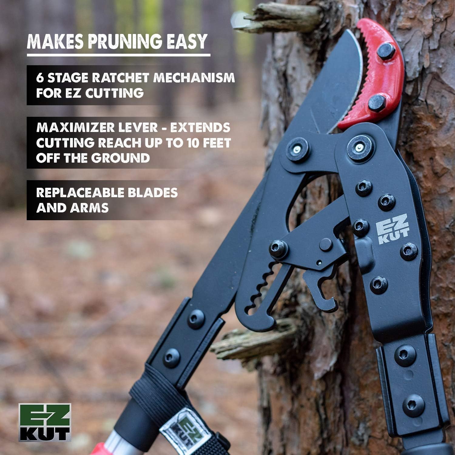 EZ Kut Tree Trimming Combo Kit – Includes 42' Extendable Ratcheting Lopper + Sling Pak Sheath + Bonus Replacement Blade – Heavy Duty Garden Tools Set, Pruning Shears for Thick Branches (Green Pack)