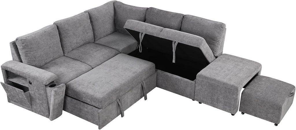 LUMISOL 90' Convertible Sleeper Sofa Bed with Ottoman, L-Shaped Sectional Sofa Bed with USB Ports, Cup Holders & Storage, Modular Sofa Pull Out Couch Bed with Storage Chaise for Living Room, Gray