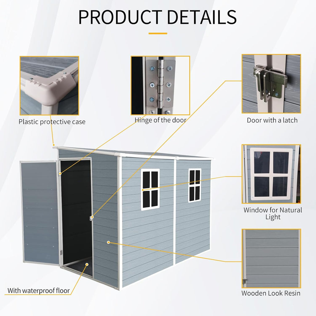 4x8 FT Outdoor Resin Storage Shed - Waterproof Garden Sheds with Lockable Double Doors,Windows and Floor for Lawn, Backyard, Patio, Tool Storage Use,Gray