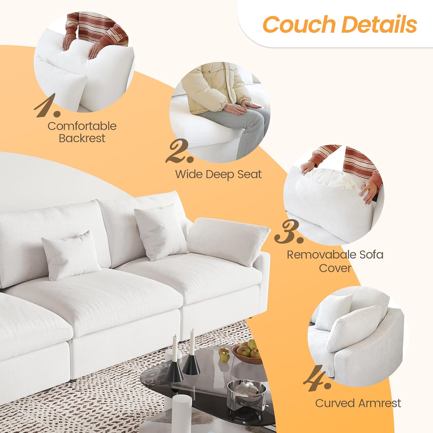 JACH Sectional Couches for Living Room, 4 Seater Cloud Sectional Couch with Deep Seat, Down Filled Modular Sofa, Covers Removable & Washable, Sofas Furniture for Living Room, White