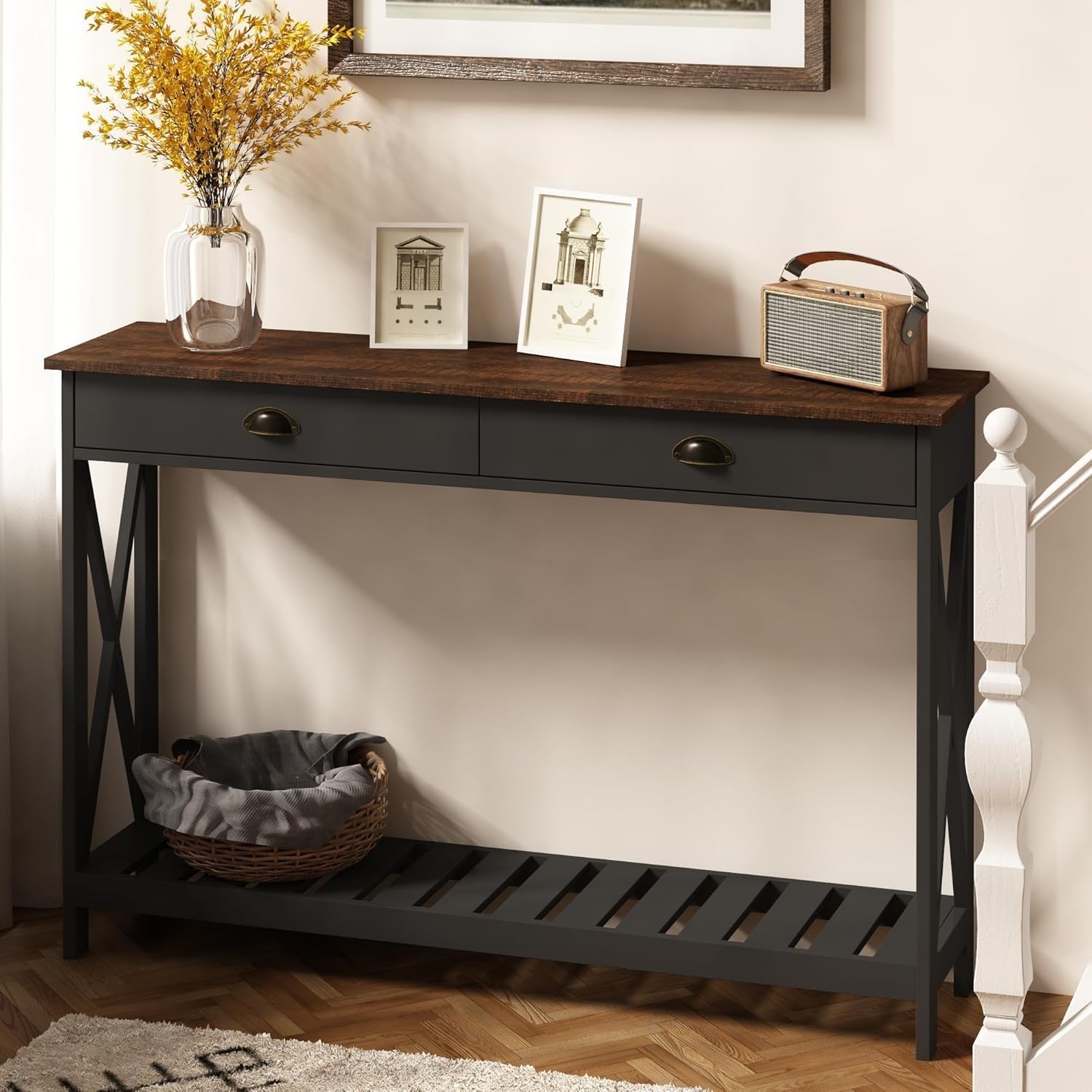 ChooChoo 47' Farmhouse Console Table with Drawer for Entryway, Narrow Long Entry Table with Shelf for Living Room, Rustic Vintage Hallway Sofa Table with Stable X Supports, Black