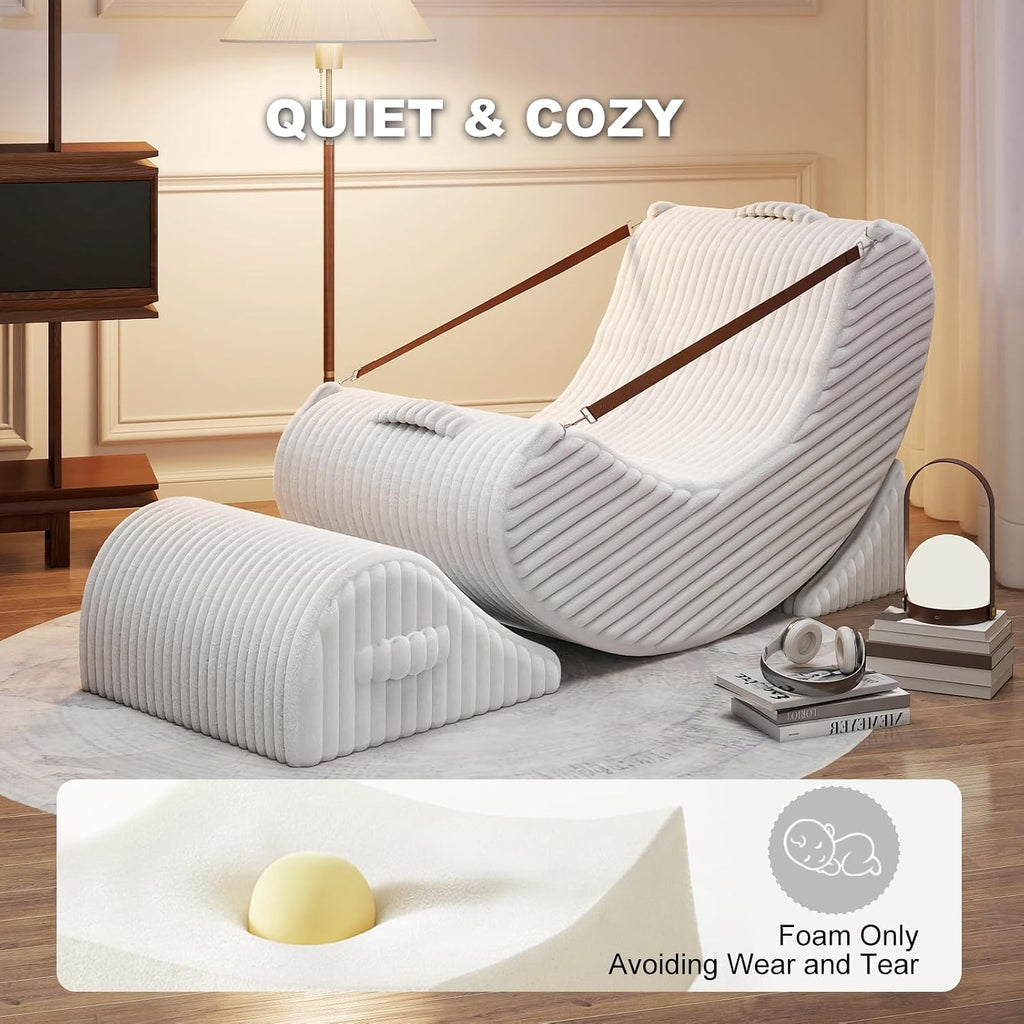 3-in-1 Adjustable Zero Gravity Floor Chair, Oversized Corduroy Boneless Chair for Adults with Memory Foam & Washable Cover, Silent Rocker Recliner Lounge Chair for Reading, Nursing, Gaming, White