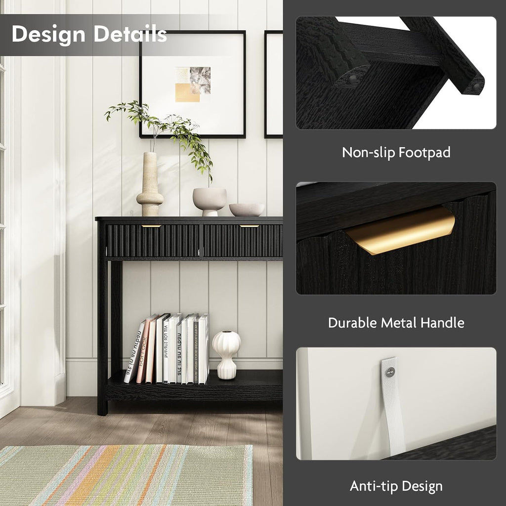 HOKYHOKY Fluted Console Table with Drawers, Modern 47.1' Entryway Table with Storage Shelf, Boho Narrow Skinny Behind Couch Wood Sofa Table for Living Room Hallway Entrance Foyer, Black