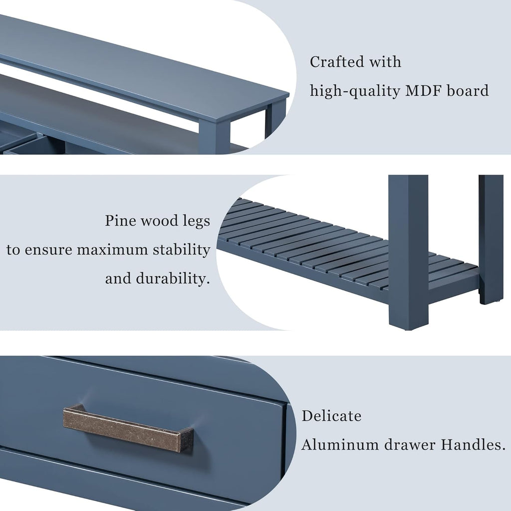 LKTART Console Table for Entryway with 4 Drawers,61.5'' Long Sofa Table with 3-Tier Open Shelves,Entry Table for Hallway,Foyer,Living Room,Navy Blue