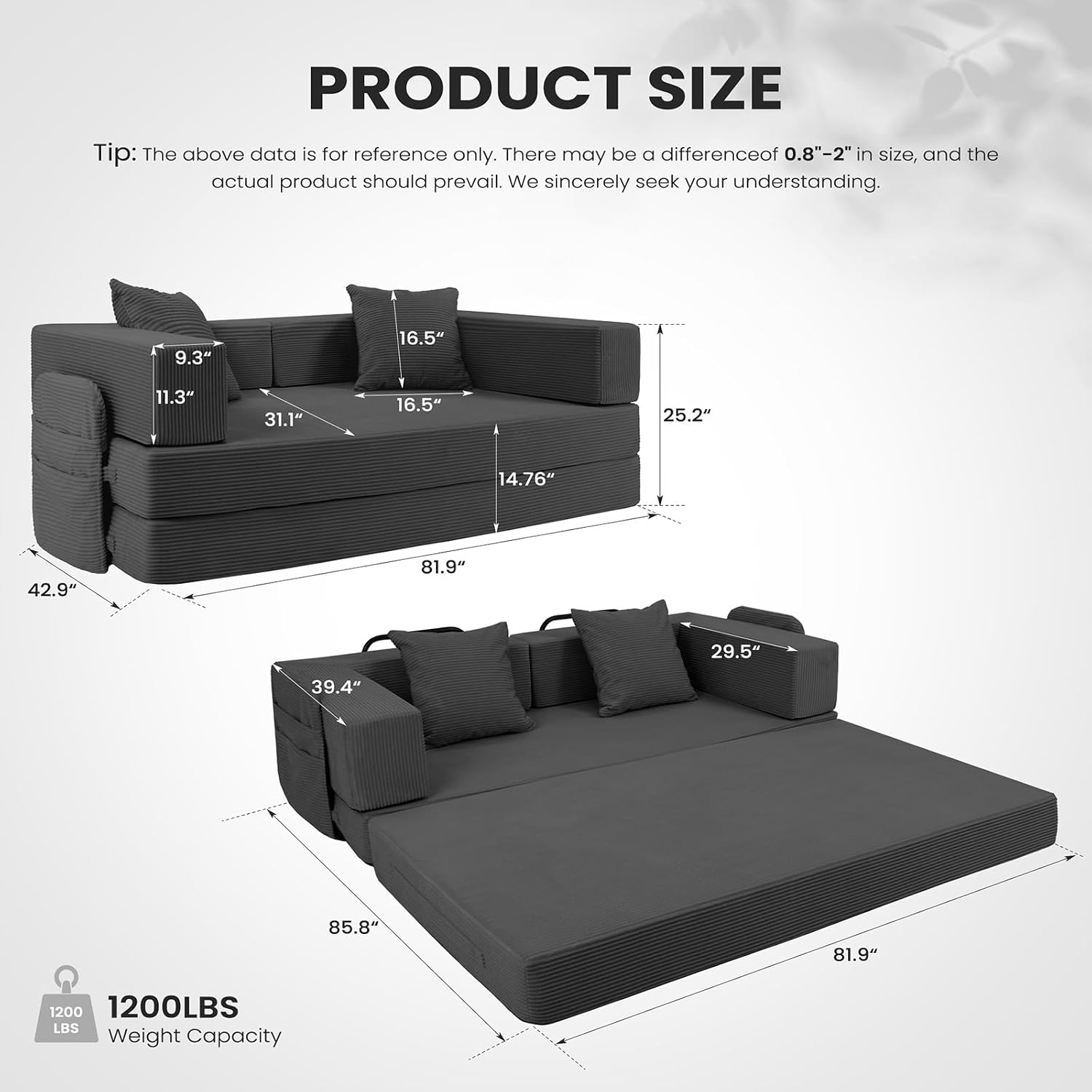 5‑in‑1 Futon Sofa Bed Queen – Floor Foldable Convertible Sofa Couch with L‑Shaped Armrests, Removable Cover, Grey Convertible Guest Bed | Space‑Saving Fold‑Out Mattress Lounge for Living Room/Bedroom