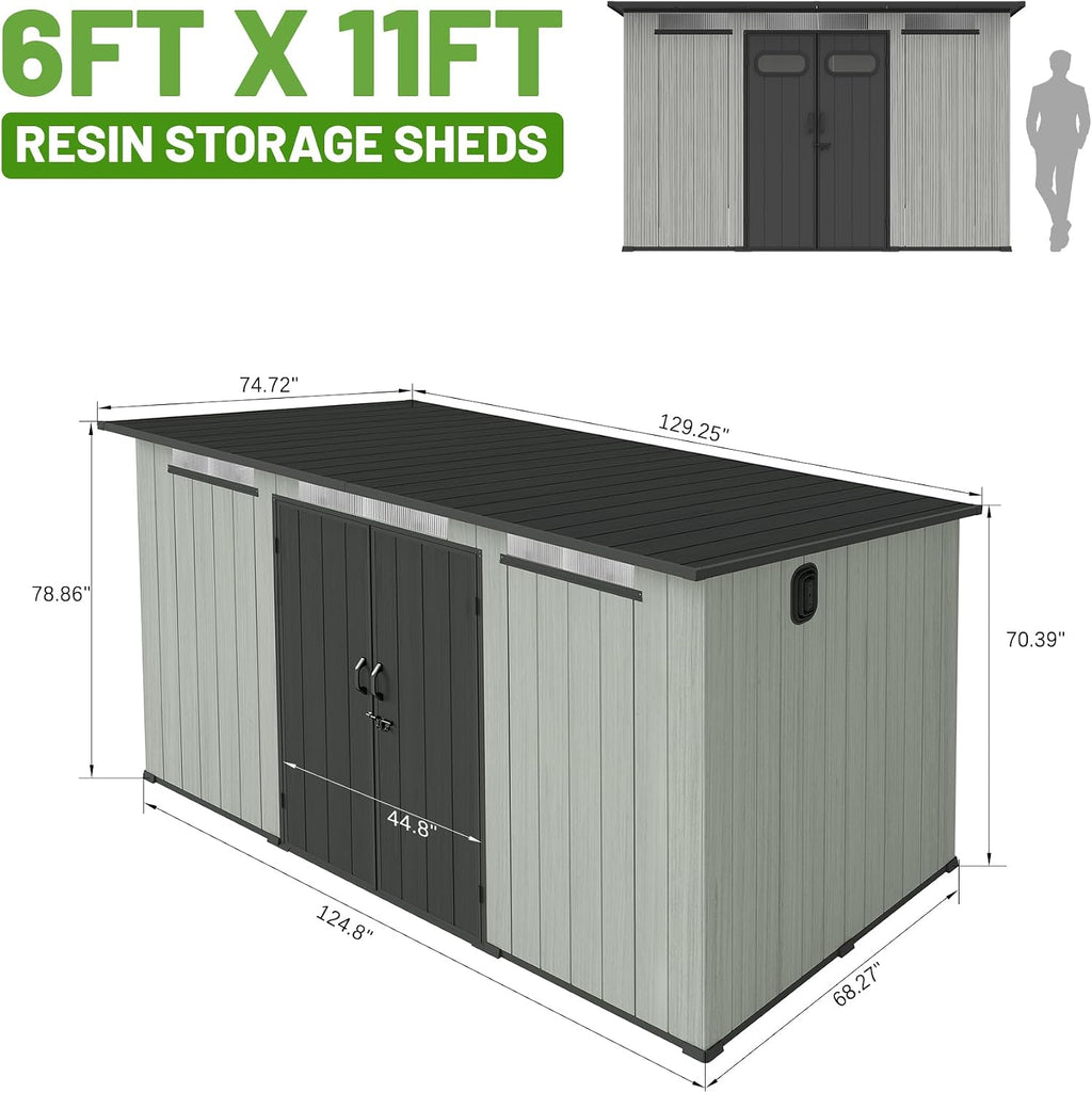 6x11 FT Outdoor Resin Storage Shed with Mats, All-Weather Sloping Plastic Storage Sheds with Lockable Doors & Vents, Outside Tool Storage Shed for Backyard, Garden, Mower, Bike & Pool Equipment