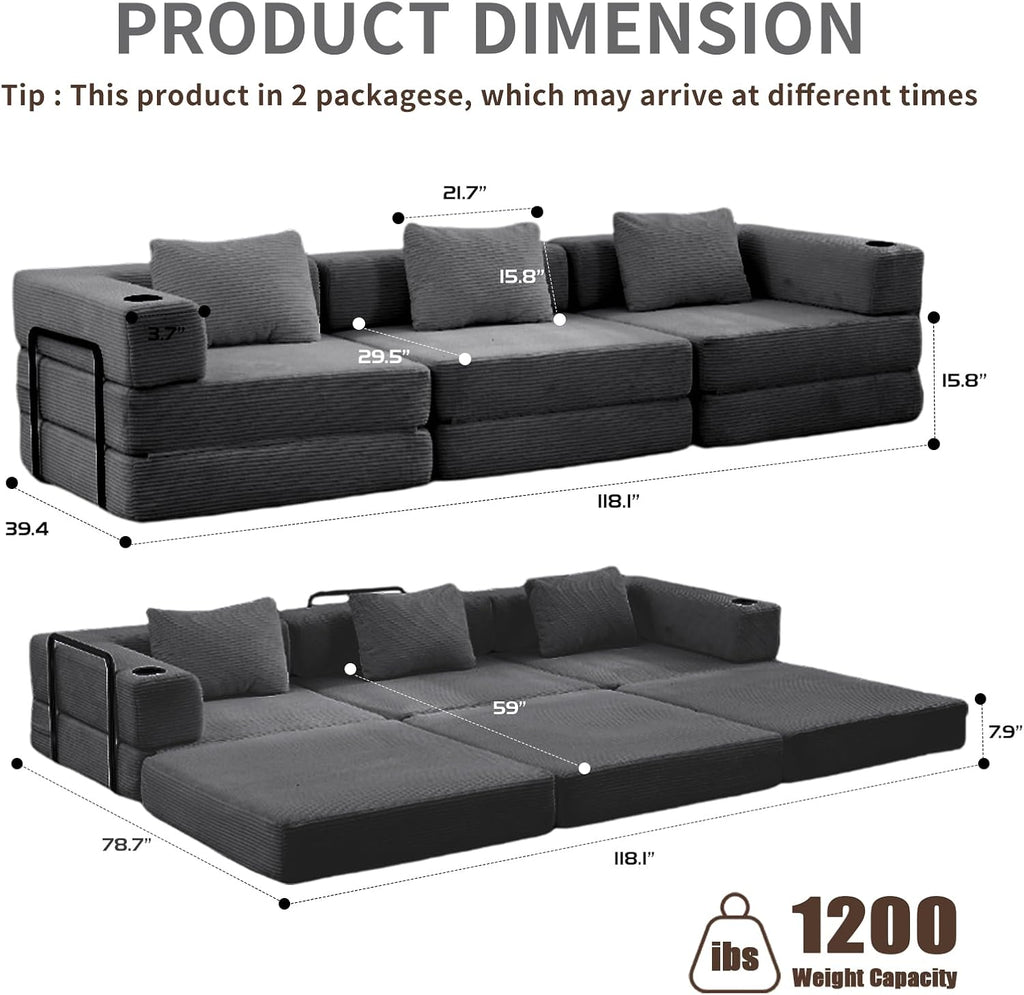 118' Oversized Convertible Floor Sofa Bed, Boneless Foldable Mattress Cloud Couch with Pillow Back & Armrest, Fold Out Floor Couch with Cup Holder for Living Room Bedroom Lounge, Corduroy, Dark Grey