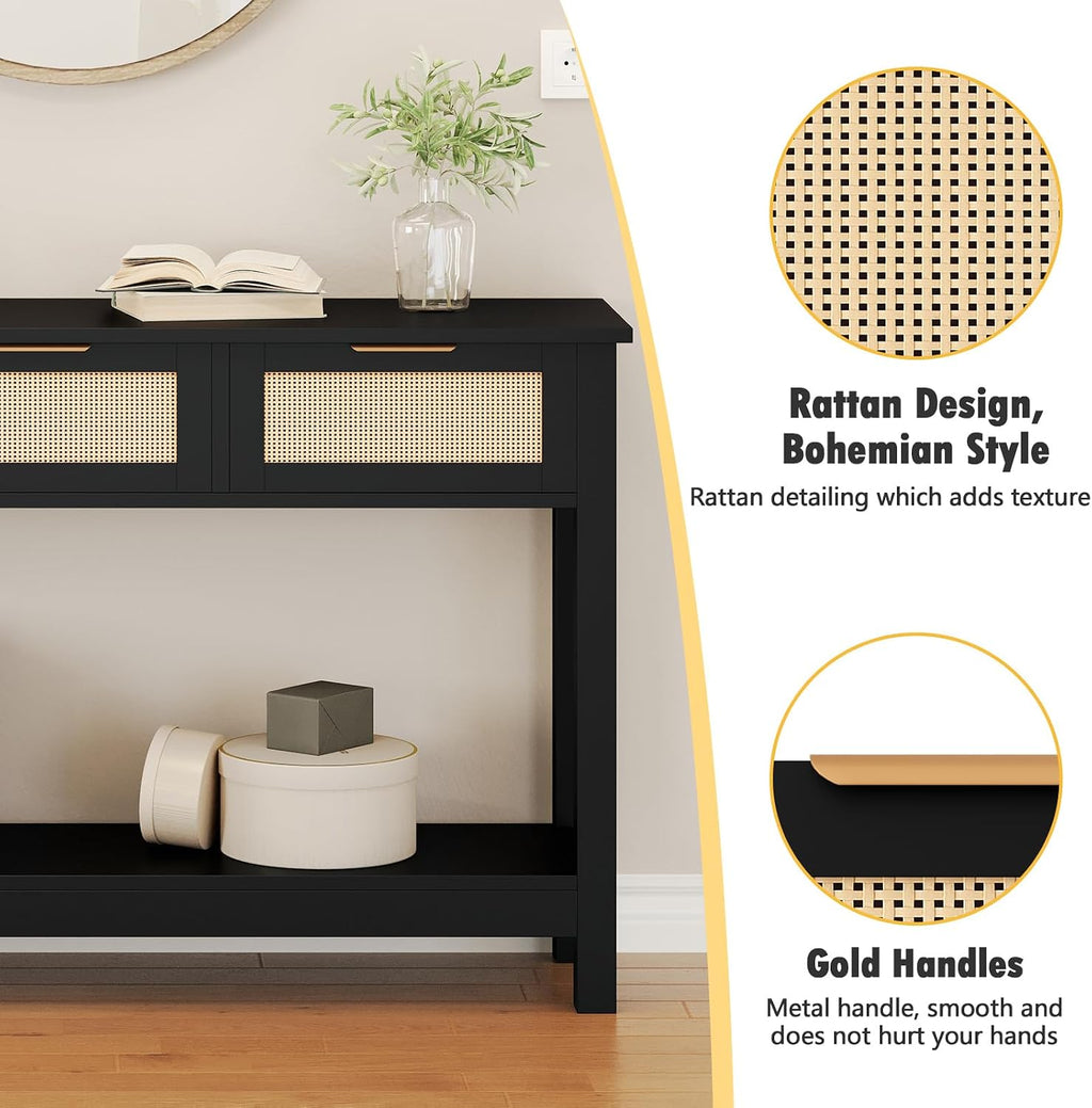 Luoxiao Entryway Table, 47' Rattan Console Tables with 3 Drawers, Narrow Hallway Table for Entryway with Storage Shelf, Slim Sofa Table Behind Couch, Modern Black Foyer Entry Way Table, Easy Assembly