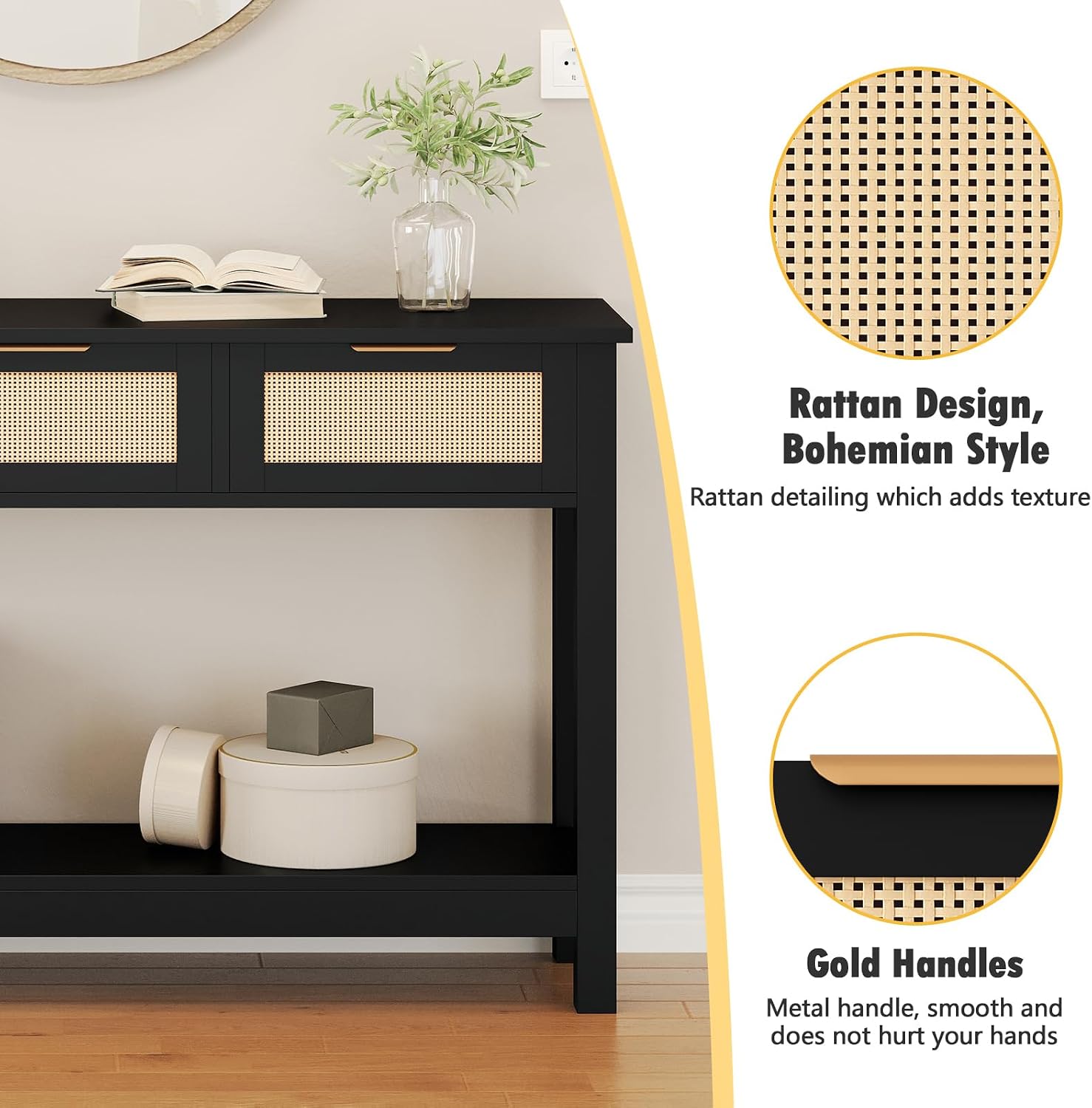 Luoxiao Entryway Table, 47' Rattan Console Tables with 3 Drawers, Narrow Hallway Table for Entryway with Storage Shelf, Slim Sofa Table Behind Couch, Modern Black Foyer Entry Way Table, Easy Assembly