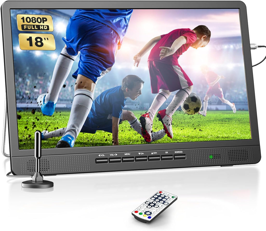 Desobry 18.2' Portable TV with Antenna, 1080P LED TV with HDMI Input/AV Input/USB Port, Small TV for Kitchen, Camping, RV, Bedroom, Patio, Indoor Outdoor Portable T V Built-in Stand