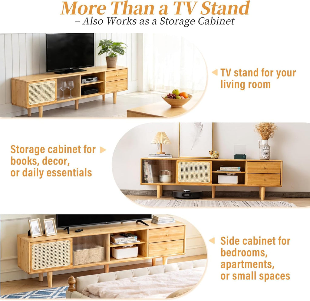 Tiita Rattan TV Stand for 55 60 Inch TV, Bamboo TV Cabinet with 2 Drawers, Boho Entertainment Center with Adjustable Shelf, Mid Century Modern Media Console for Bedroom, Living Room, Study