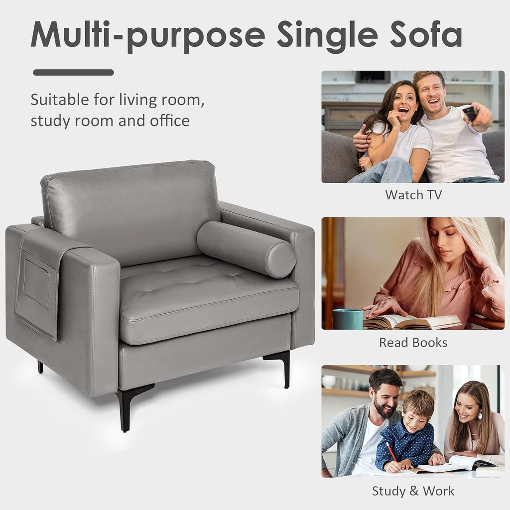 Giantex Single Sofa, Accent Chair, Armchair w/Comfy Cushion Bolster, Armrest Magazine Caddy Pockets, Living Room Upholstered Leisure Chair for Bedroom Reception Room Dark Grey