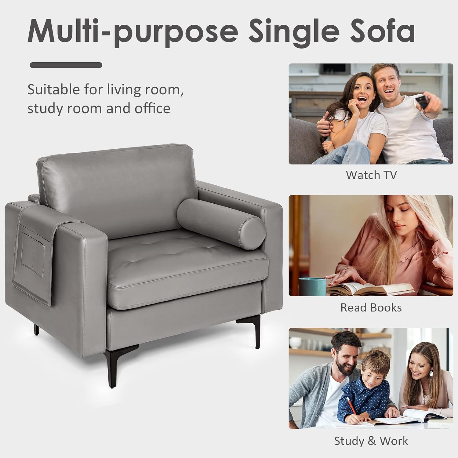 Giantex Single Sofa, Accent Chair, Armchair w/Comfy Cushion Bolster, Armrest Magazine Caddy Pockets, Living Room Upholstered Leisure Chair for Bedroom Reception Room Dark Grey