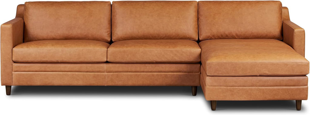 Poly & BARK Harper Right-Facing Leather Sleeper Sectional Sofa Cognac Tan– Full-Grain Aniline Leather, Sculptural Silhouette, Walnut-Finished Legs – Modern Statement Sofa for Living Spaces