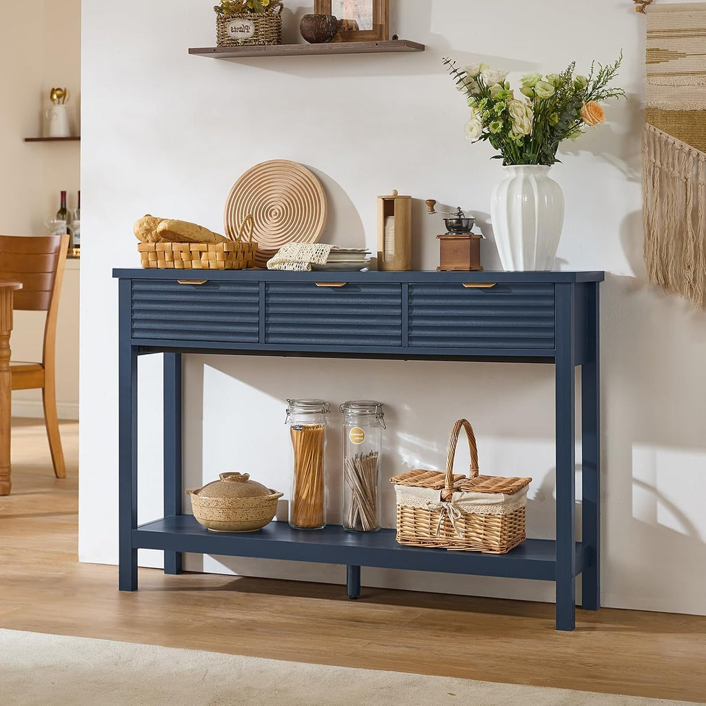 LEYAOYAO Fluted 47.2' Console Table with 3 Drawers, Modern Wood 2 Tier Entryway Table with Open Storage Shelf, Sofa Entry Tables Behind Couch for Living Room, Hallway, Entrance Foyer, Dark Navy Blue