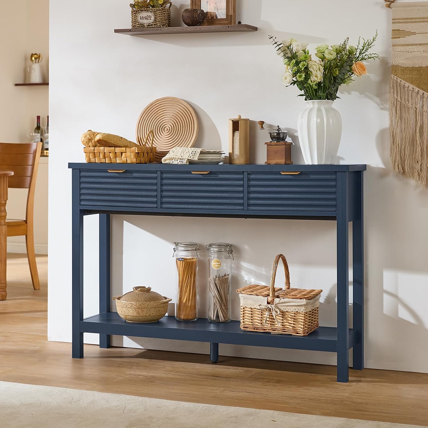 LEYAOYAO Fluted 47.2' Console Table with 3 Drawers, Modern Wood 2 Tier Entryway Table with Open Storage Shelf, Sofa Entry Tables Behind Couch for Living Room, Hallway, Entrance Foyer, Dark Navy Blue