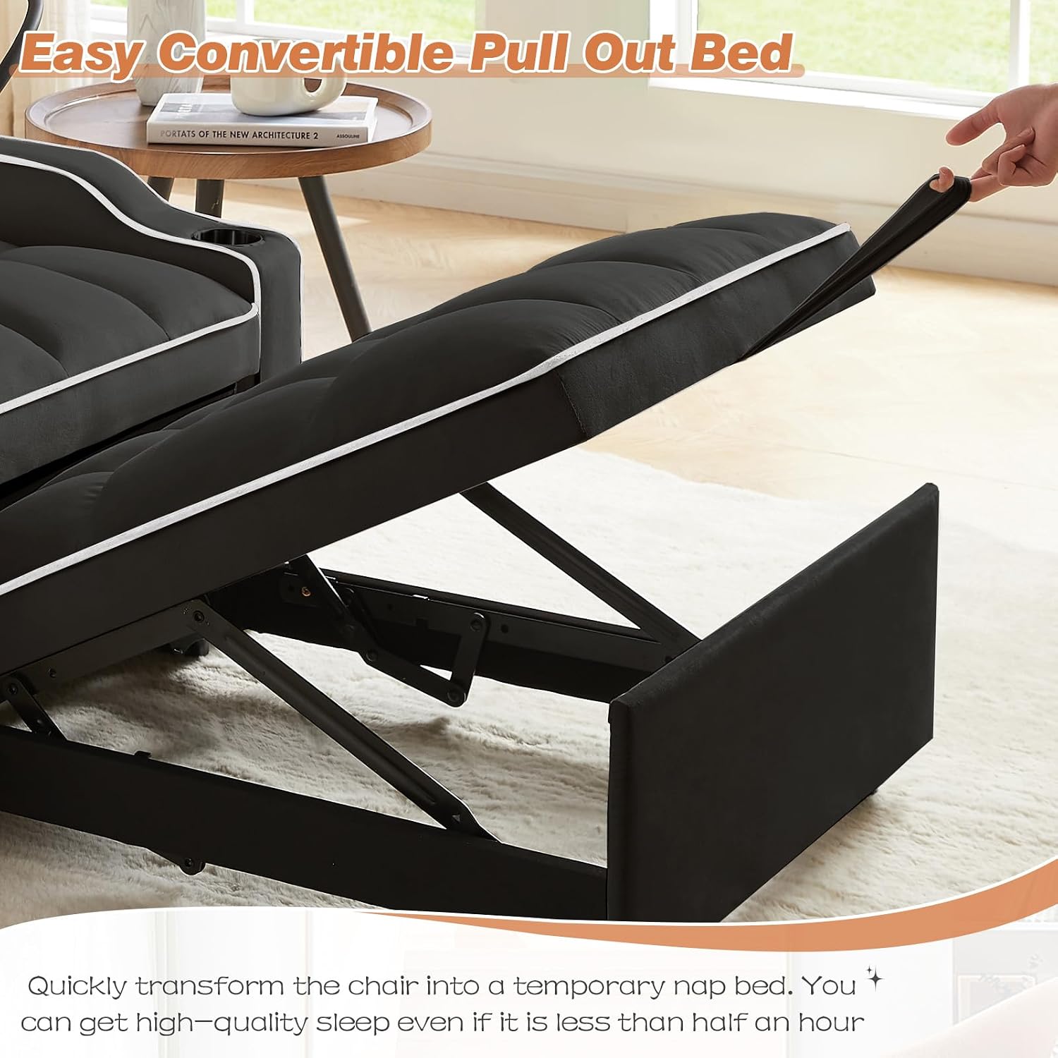 Sleeper Sofa Chair Bed with Charging Ports & Phone Holder & Cup Holder, Modern Velvet 3 in 1 Convertible Pull Out Single Sofa Chair Bed for Small Spaces Apartment, Black