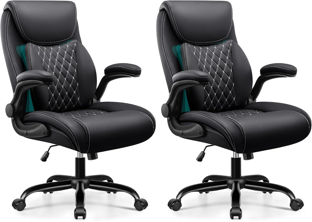 BESTFAIR Office Chair, Ergonomic Computer Desk Chairs with Lumbar Support for Lower Back Pain Relief, Executive Leather Home Chair Comfy with Padded Flip-up Armrests, Black, 2-Pack