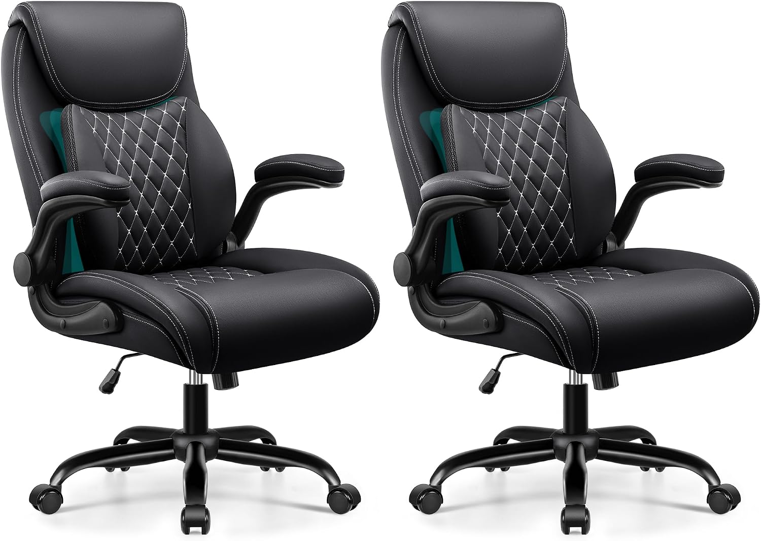 BESTFAIR Office Chair, Ergonomic Computer Desk Chairs with Lumbar Support for Lower Back Pain Relief, Executive Leather Home Chair Comfy with Padded Flip-up Armrests, Black, 2-Pack