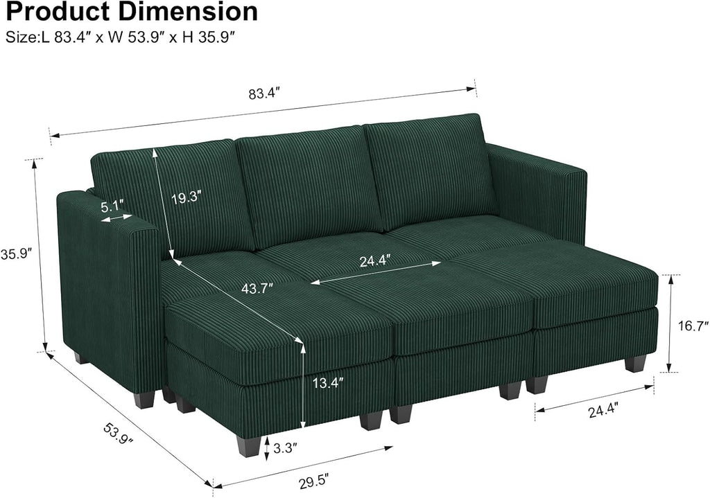 Belffin Corduroy Sectional Sleeper Sofa with Storage Ottoman, Modular Luxury Sectional Sofa with Chaise, Convertible Modern Sectional for Living Room, Green